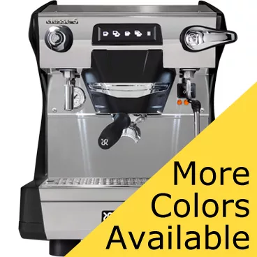 The Rancilio Classe 5 1 Group Commercial Espresso Machine in stainless steel features buttons and a portafilter, displayed with a yellow More Colors Available banner. © 2025 1st-line.com