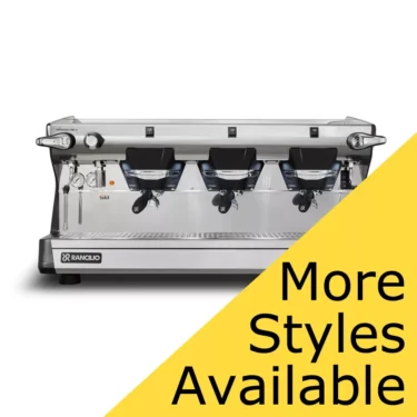 The Rancilio Classe 5 S 2/3 Group Commercial Espresso Machine is pictured on a white background. A yellow diagonal banner in the lower right corner says More Styles Available in black text. © 2025 1st-line.com