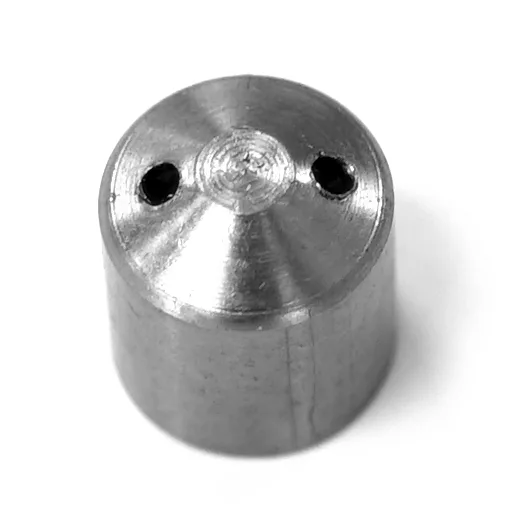 The VBM RACCBUROVA2FI 2-Hole Steam Tip is a small, cylindrical metal part with a flat base, conical top, and two holes on its slope, shown against a white background. © 2025 1st-line.com