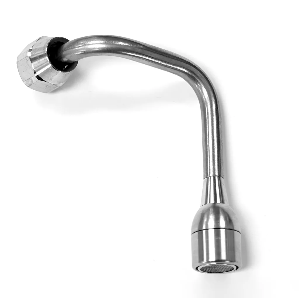 The VBM TUBIP727NW Hot Water Wand is a metal faucet spout with a curved neck and threaded nut, displayed against a white background. © 2025 1st-line.com