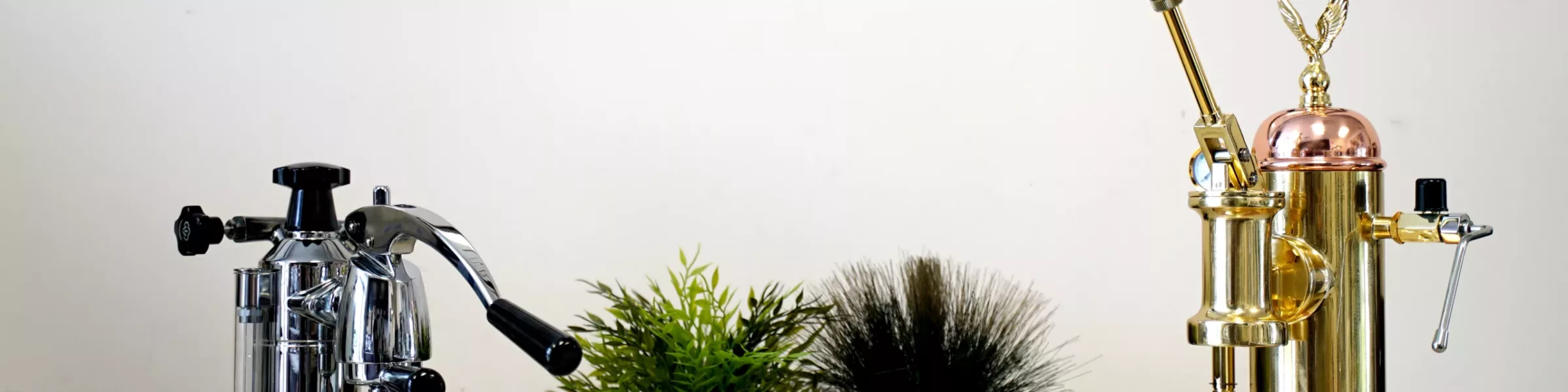 Two vintage espresso machines, one silver and one gold, are displayed on a counter with a small green plant and a black brush between them, set against a plain white background. © 2025 1st-line.com
