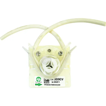 White plastic Bezzera peristaltic pump head with two curved tubes, a central circular opening, and a Fluotech label with QR code and barcode. For use with Bezzera 7730512 Pump models. © 2025 1st-line.com