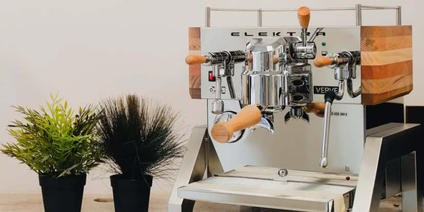 A shiny Elektra espresso machine with wooden handles sits on a counter next to two potted plants, creating the perfect setup for a cozy Mothers Day coffee at home. © 2025 1st-line.com