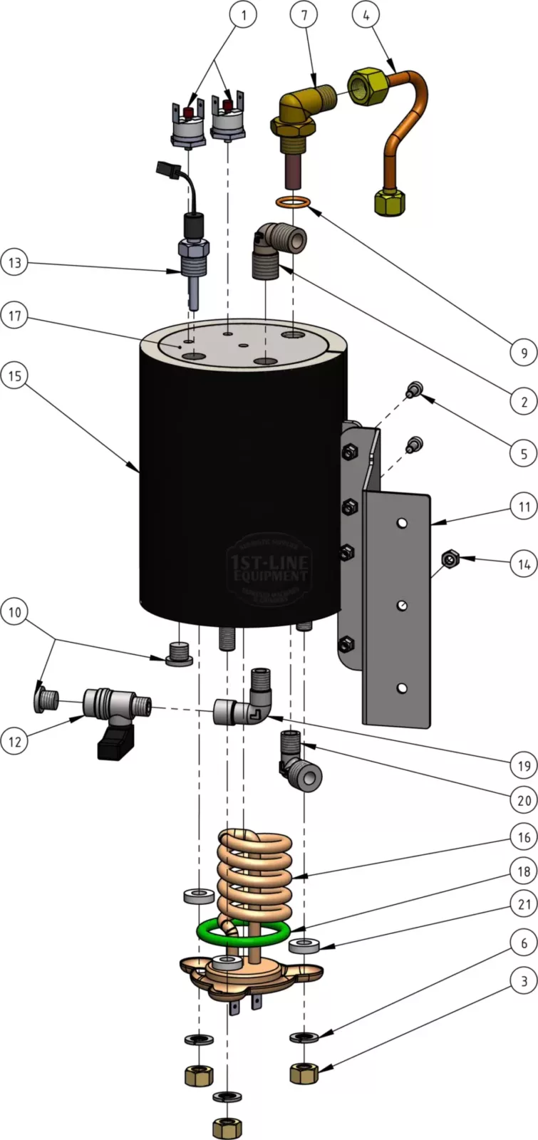 Exploded diagram of a mechanical component assembly, showing a cylindrical tank, various pipes, coils, connectors, screws, and mounting brackets, each labeled with numbered callouts indicating individual parts. © 2025 1st-line.com