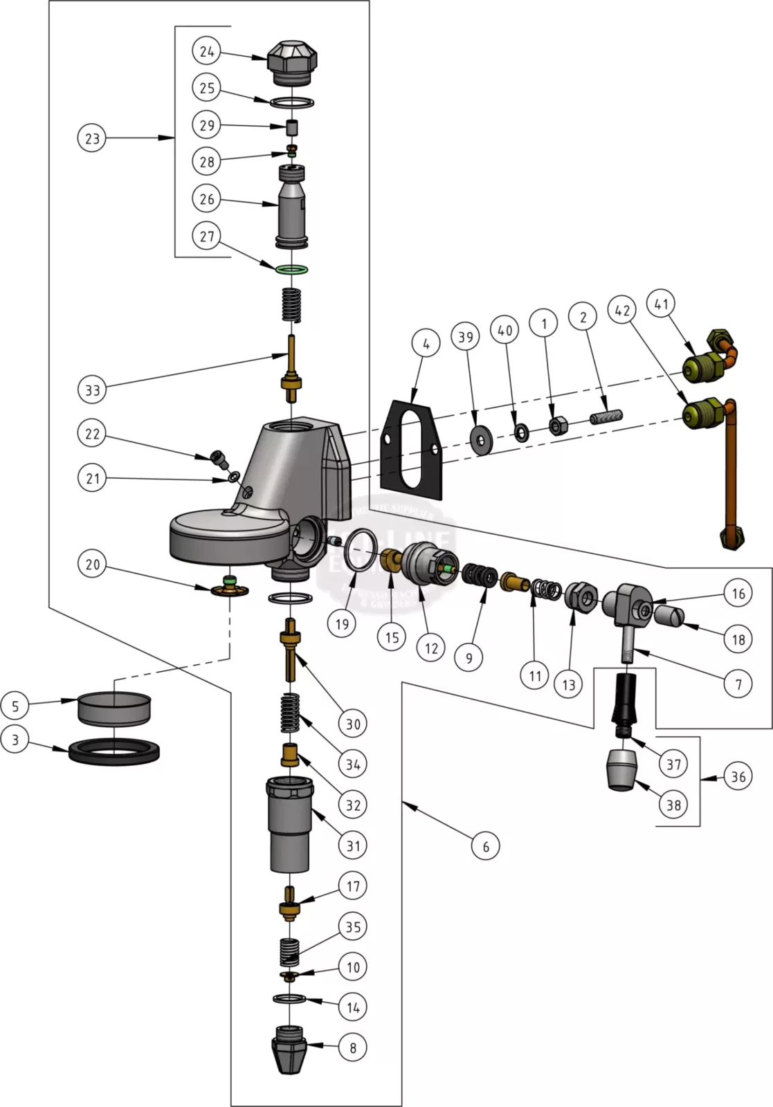 Exploded diagram of a mechanical or plumbing assembly, showing all parts numbered and separated, including fittings, screws, washers, handles, and valves, with connector pipes on the right side. © 2025 1st-line.com