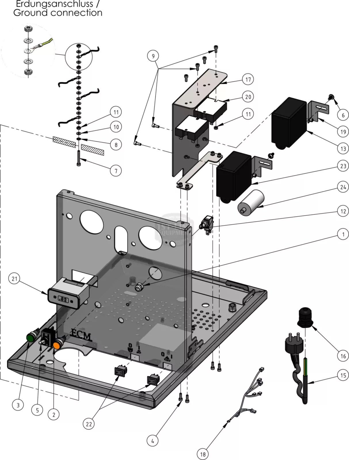 Exploded diagram of an electronic device, showing individual components such as circuit boards, switches, wires, and connectors, each labeled with numbers for assembly reference. Ground connection indicated in top left corner. © 2025 1st-line.com