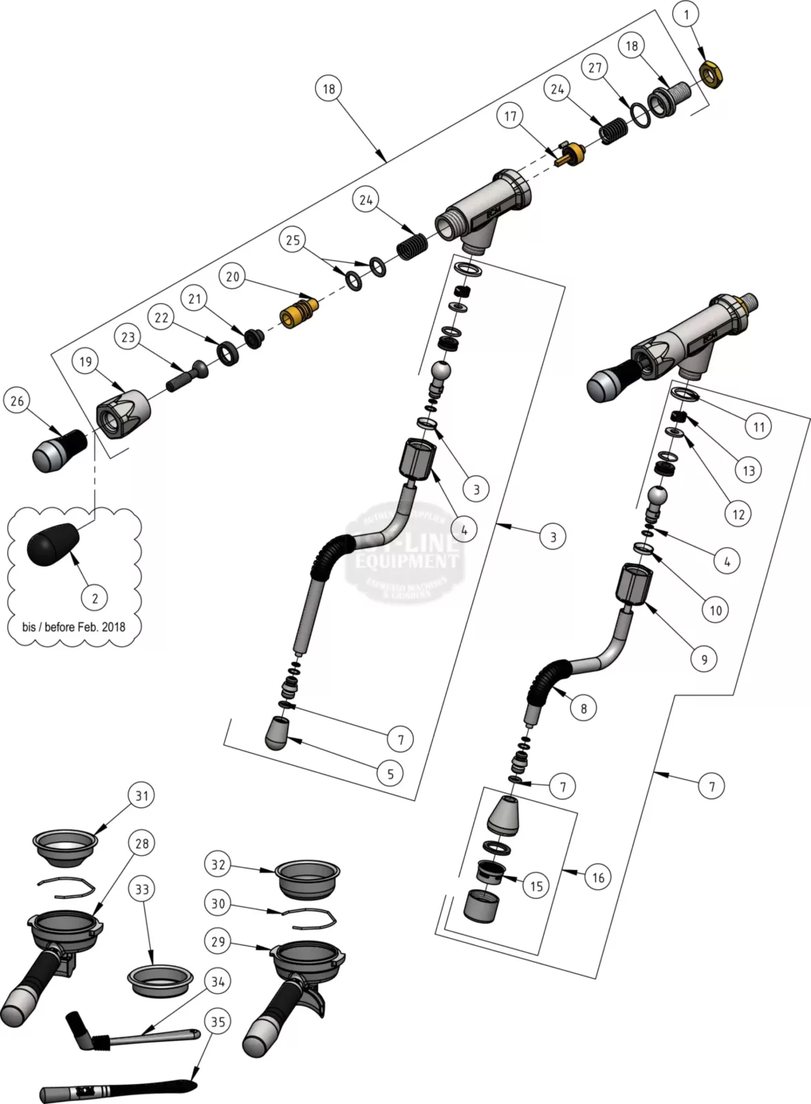 Exploded diagram showing labeled parts and assembly sequence of two mechanical units, including shafts, springs, washers, seals, and miscellaneous small components, with a note referencing a change before February 2018. © 2025 1st-line.com