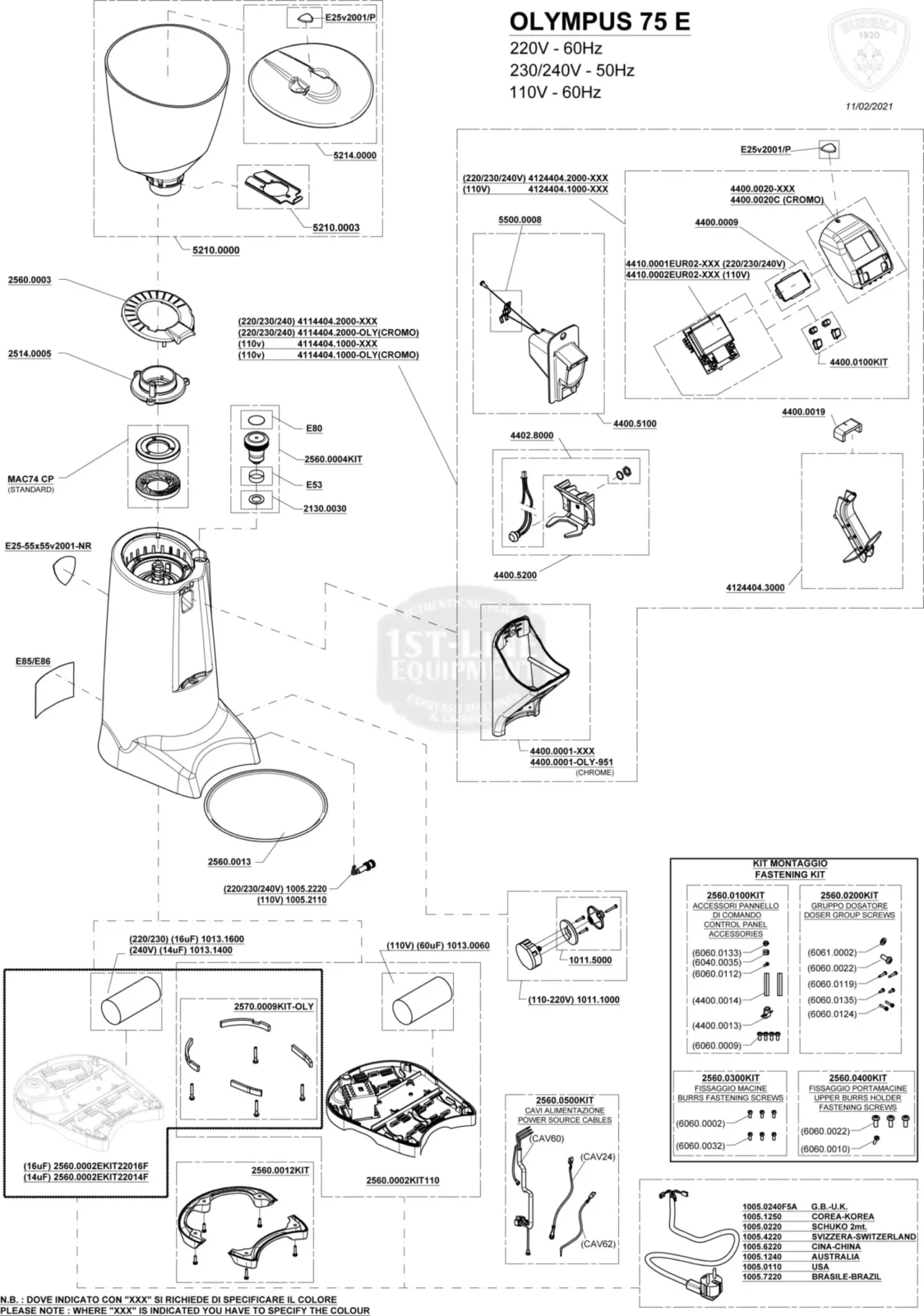 Exploded parts diagram for an OLYMPUS 75 E appliance, showing labeled components, part numbers, and assembly instructions arranged around detailed illustrations of the device and its parts. © 2025 1st-line.com
