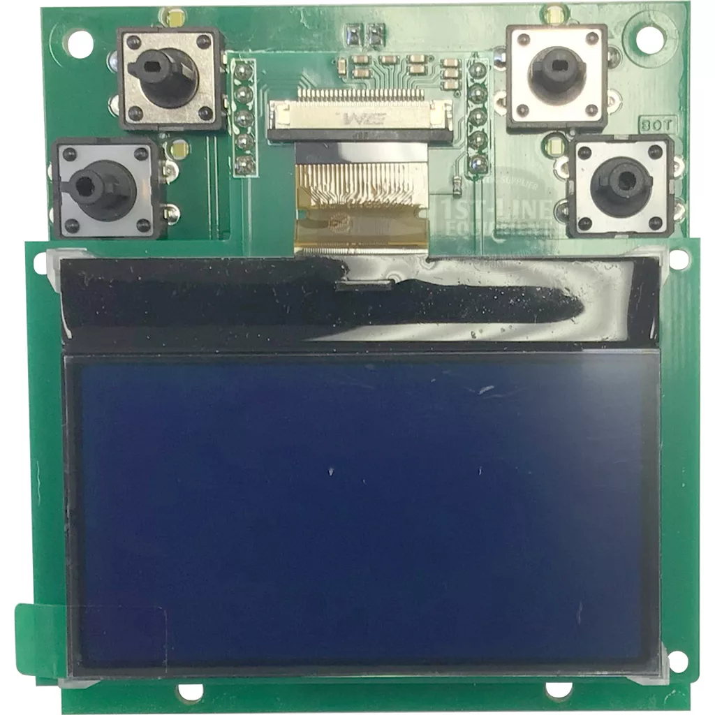 The Eureka 4410.0002EUR02-XXX Electronic Display Board is green, with four black control buttons in the corners, a large rectangular dark blue LCD screen at the bottom, and connectors and components located above the display. © 2025 1st-line.com