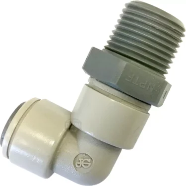 The John Guest 1PM090823S Swivel Elbow, featuring a 5/16 push-to-connect tube end and 3/8 NPTF male thread, is shown against a white background. © 2025 1st-line.com