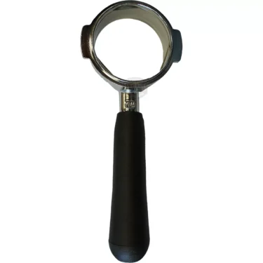 The VBM PORTAFILTROAME 58mm Bottomless Portafilter features a black handle and metal filter basket holder, shown from above on a white background. © 2025 1st-line.com