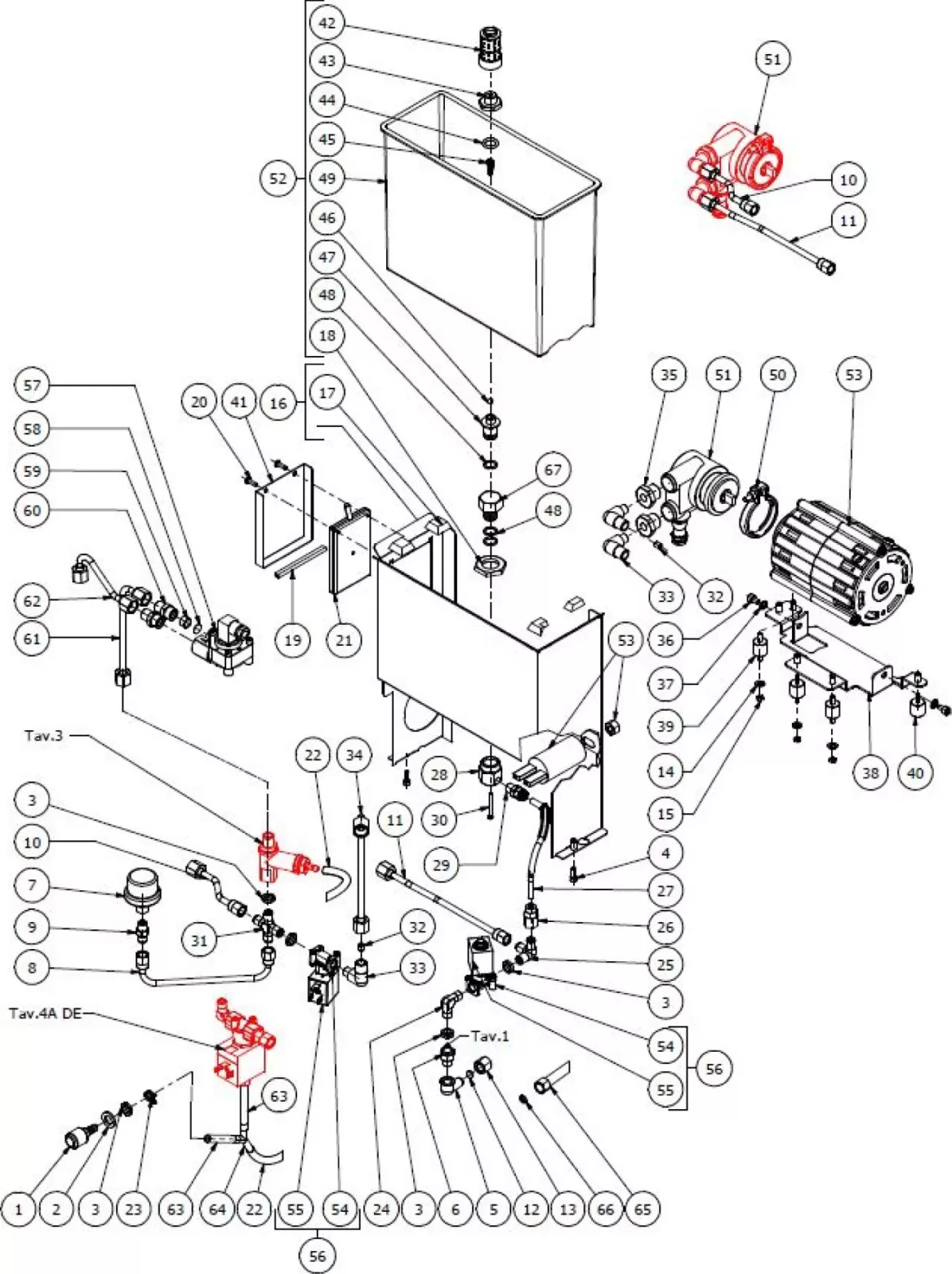 Exploded diagram of a mechanical assembly showing labeled components, including a tank, motor, valves, pipes, and fastening hardware with numbered callouts for each part. Some components are highlighted in red. © 2025 1st-line.com