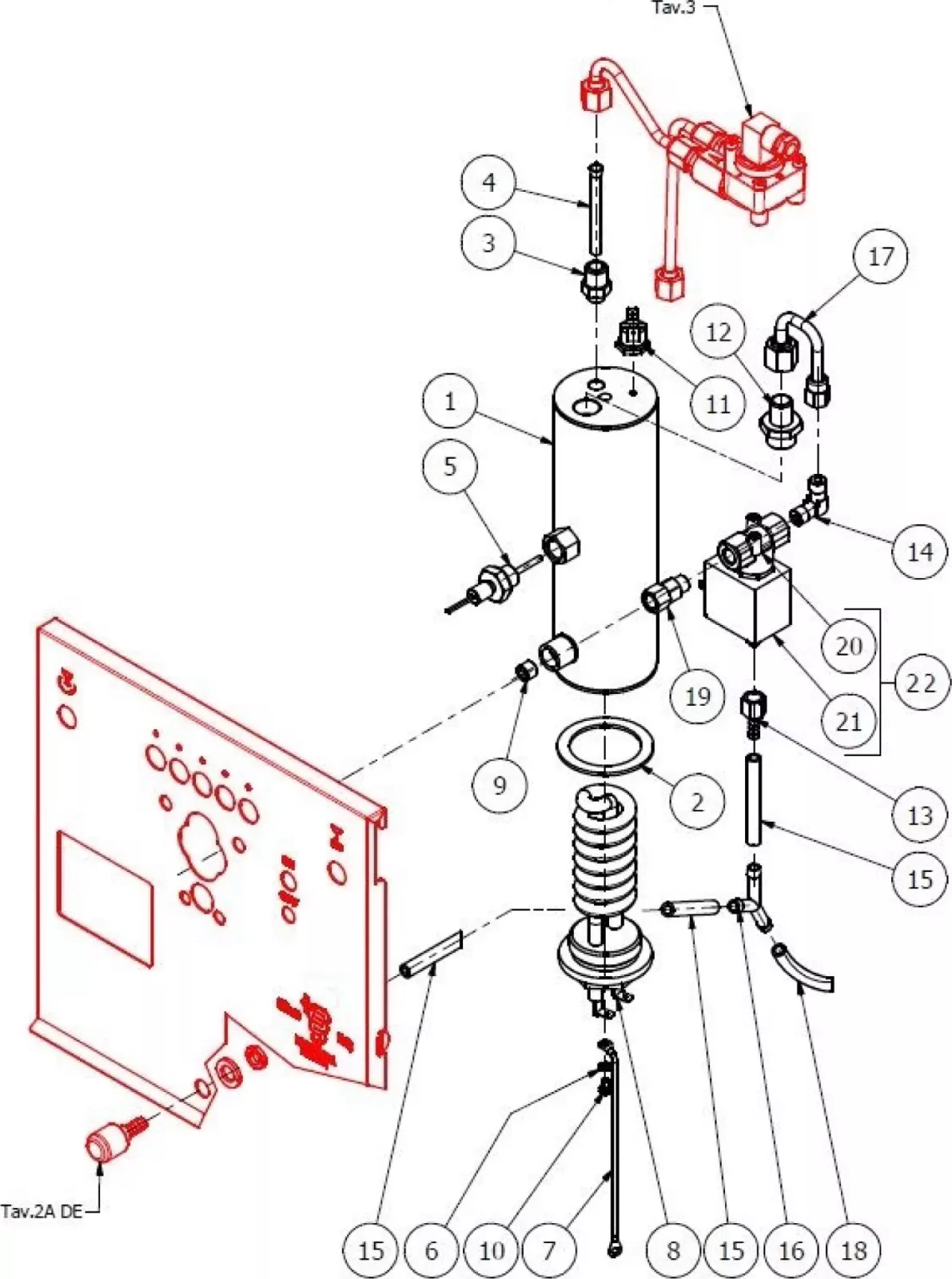 Exploded diagram of a mechanical assembly with 22 numbered components, including a control panel, cylindrical tank, valves, springs, brackets, and connecting rods, showing each part’s relative position and order of assembly. © 2025 1st-line.com