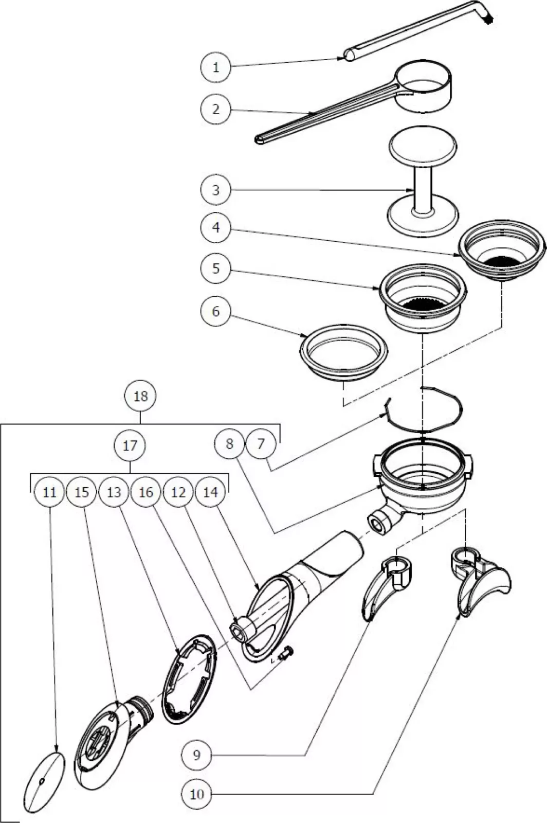 Exploded diagram of a mechanical device showing 18 labeled parts, including rods, rings, a handle, housing, seals, and fasteners, arranged in order of assembly from top to bottom and left to right. © 2025 1st-line.com