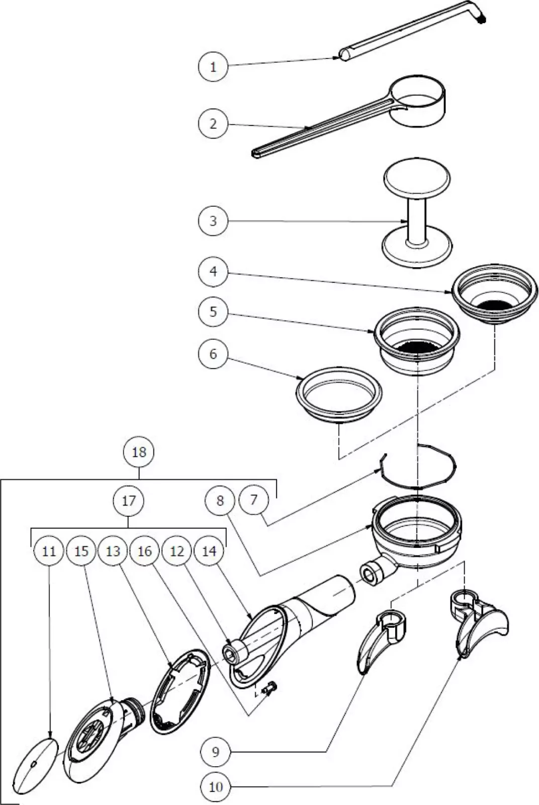 Exploded diagram of a mechanical device showing 18 numbered parts, including handles, rings, a circular component, screw-like pieces, and other mechanical elements, all arranged and labeled for assembly reference. © 2025 1st-line.com