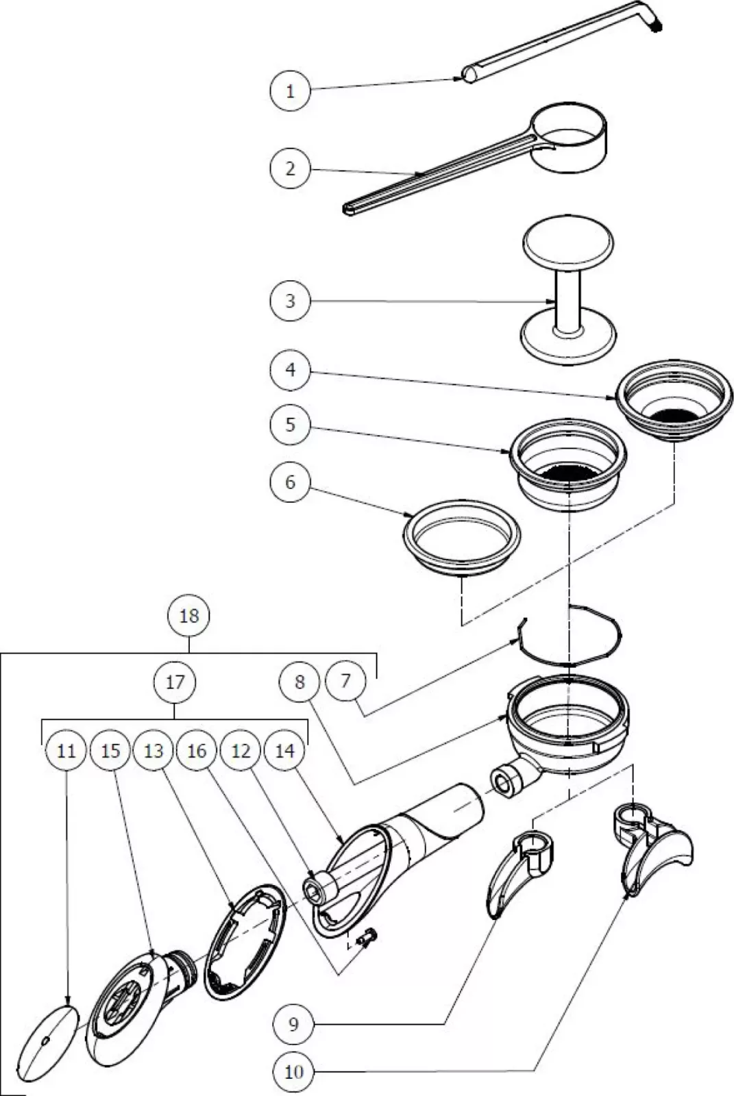 Exploded diagram of a mechanical device with numbered parts, including rods, rings, circular components, screws, and clamps, all spread out to show their assembly order and individual structure. © 2025 1st-line.com