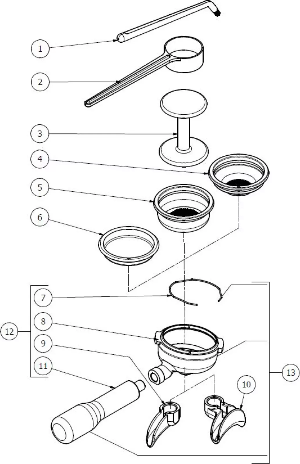 Exploded diagram of a portafilter assembly, showing labeled parts including a scoop, tamper, basket, portafilter body, handle, and locking clips, all separated and numbered for identification. © 2025 1st-line.com