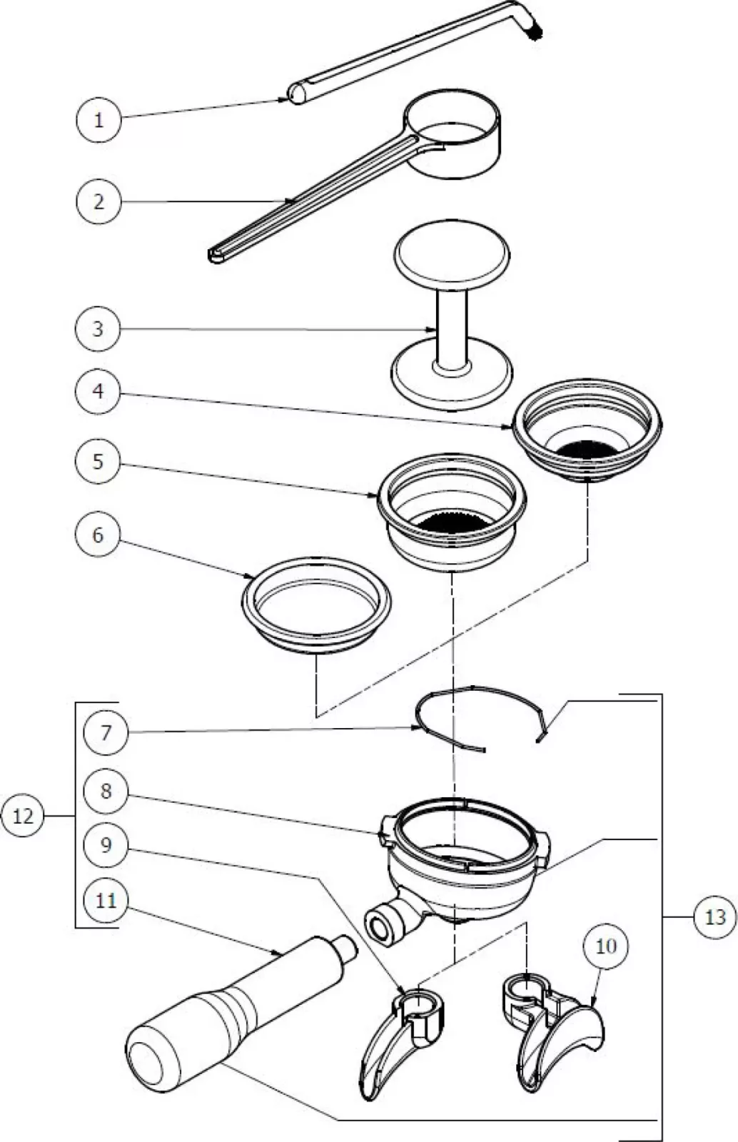 Exploded diagram of a portafilter assembly showing labeled parts: spoon, tamper, portafilter basket, portafilter body, retaining spring, spouts, handle, and related components, each indicated with numbered lines. © 2025 1st-line.com