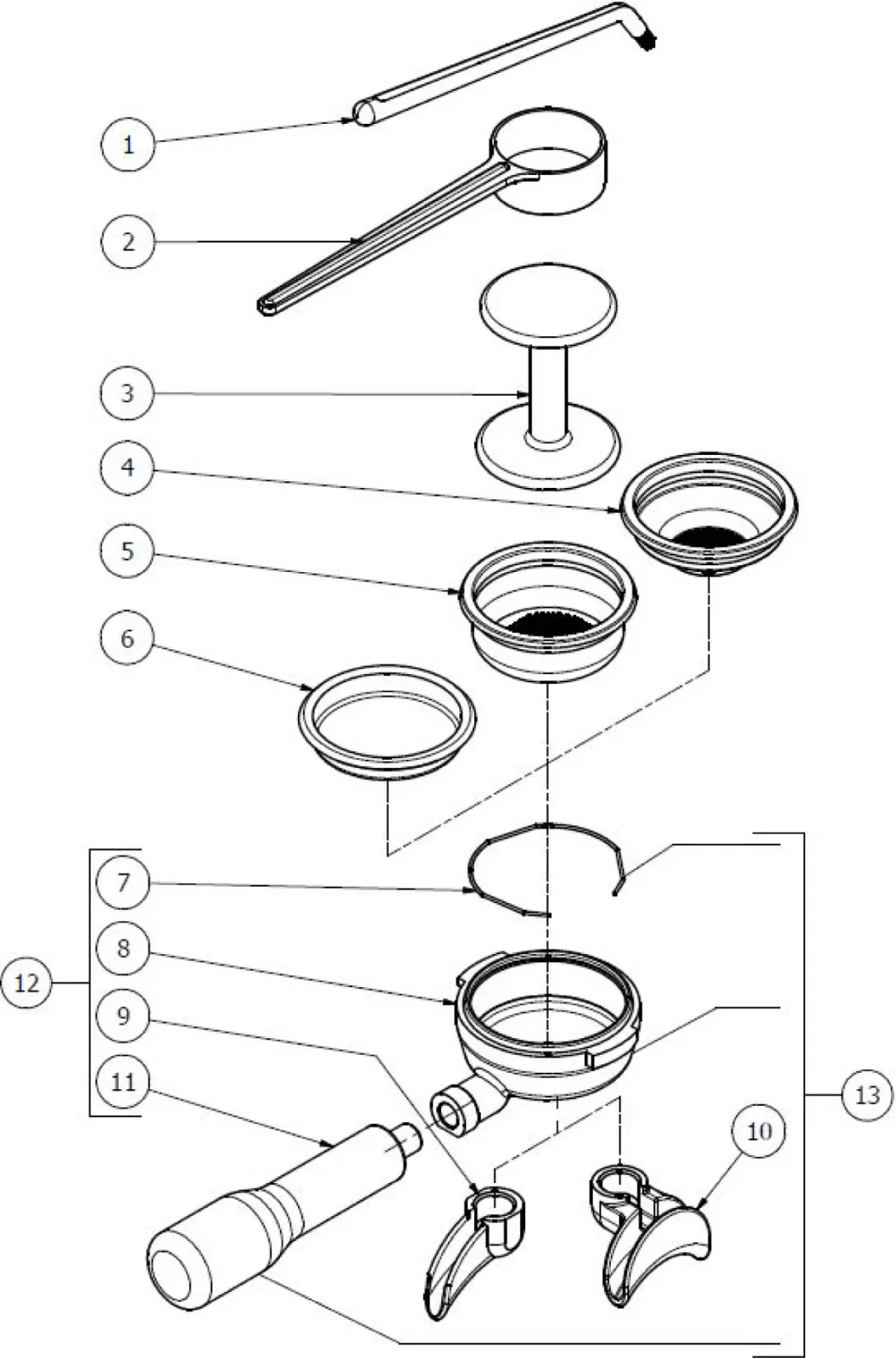 Exploded diagram of a portafilter assembly showing numbered parts, including a handle, basket, spring, spouts, and gauge. Each part is separated and labeled for identification. © 2025 1st-line.com