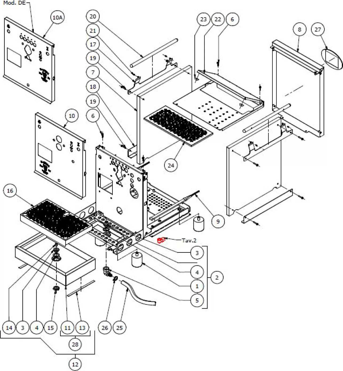 Exploded diagram of an electronic device showing individual components, panels, screws, and wiring, each labeled with numbered indicators for assembly or repair reference. © 2025 1st-line.com