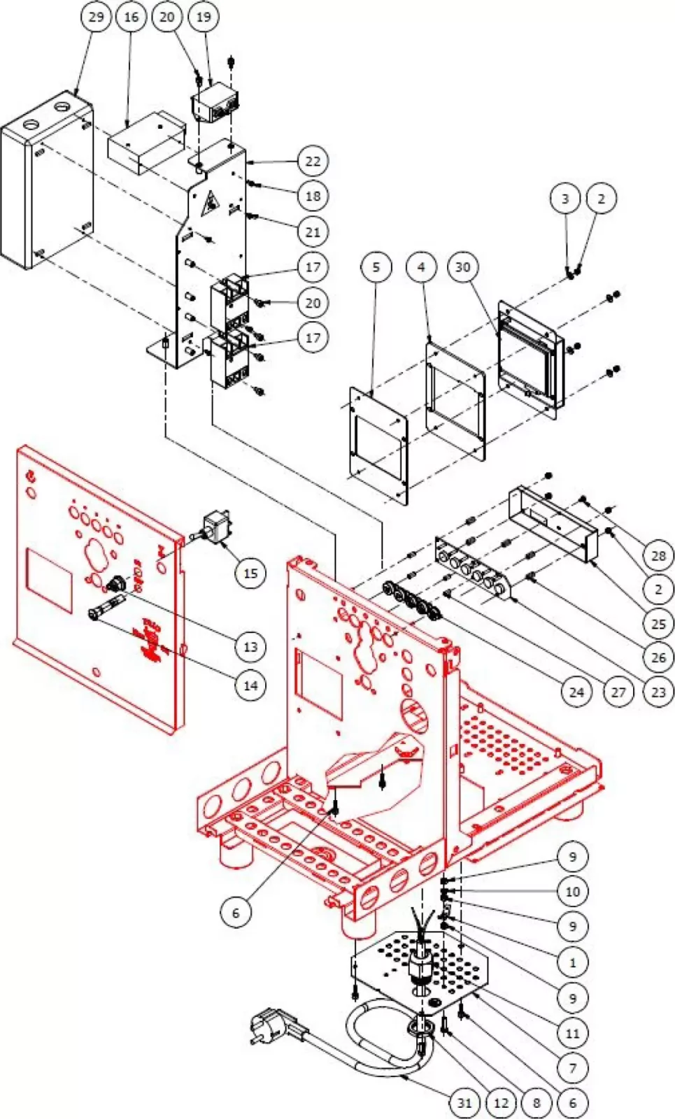 Exploded diagram of an electronic device showing individual components, screws, panels, and wiring, each labeled with numbers and assembly instructions in red and black line art. © 2025 1st-line.com