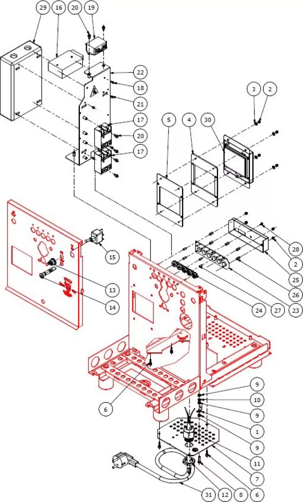 Exploded diagram of an electronic device showing labeled components like circuit boards, screws, panels, connectors, and wiring arranged in a step-by-step assembly format. Each part is numbered with corresponding lines. © 2025 1st-line.com