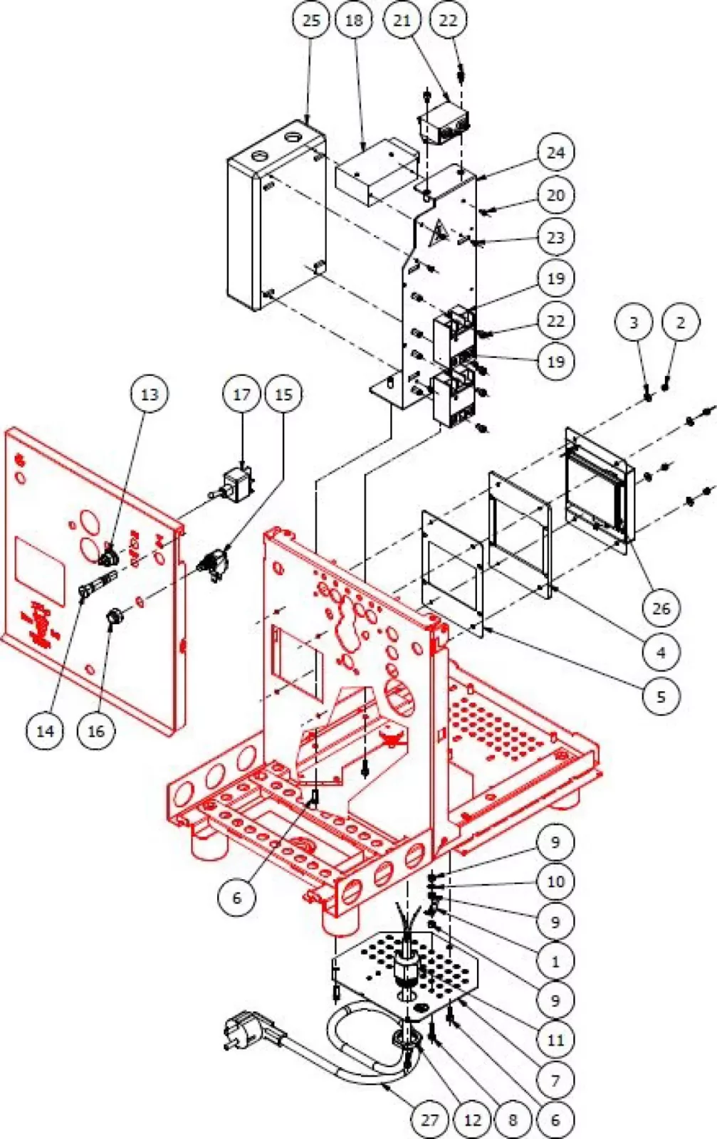 Exploded diagram of an electronic device showing numbered parts, including panels, switches, buttons, mounts, wiring, and connectors, with assembly lines indicating how components fit together. © 2025 1st-line.com
