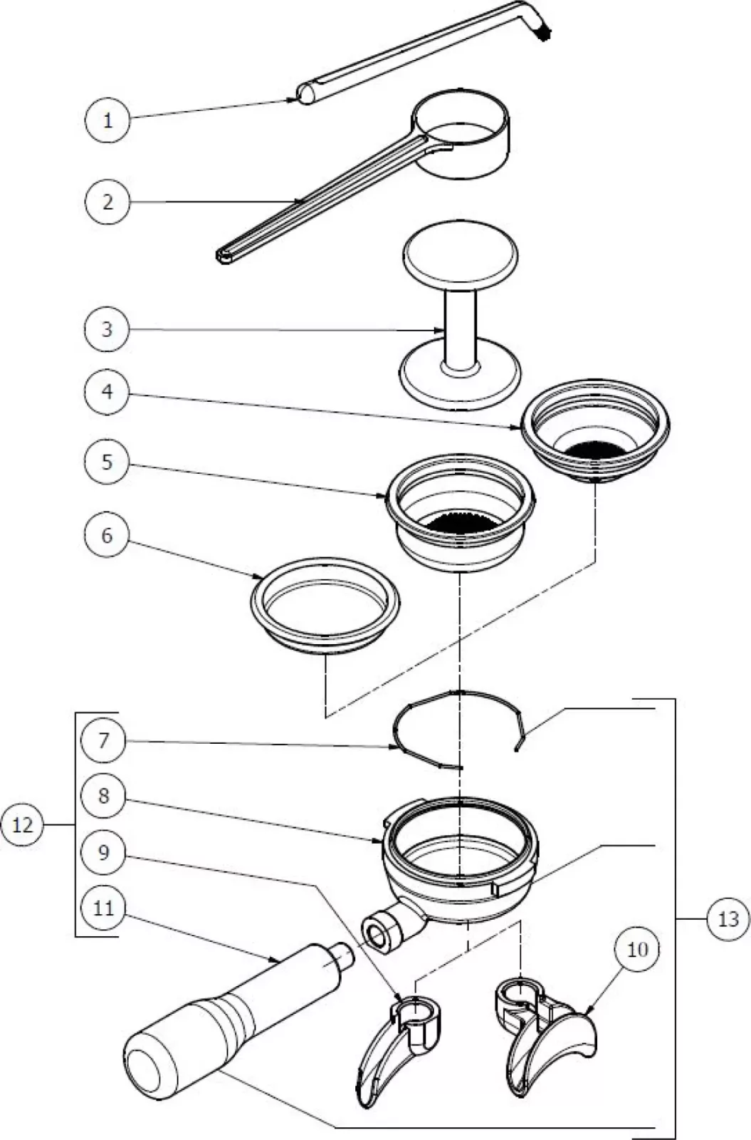Exploded diagram showing labeled parts of a coffee portafilter assembly, including a handle, filter basket, spring, spouts, retaining ring, and screws, arranged in order for assembly. © 2025 1st-line.com