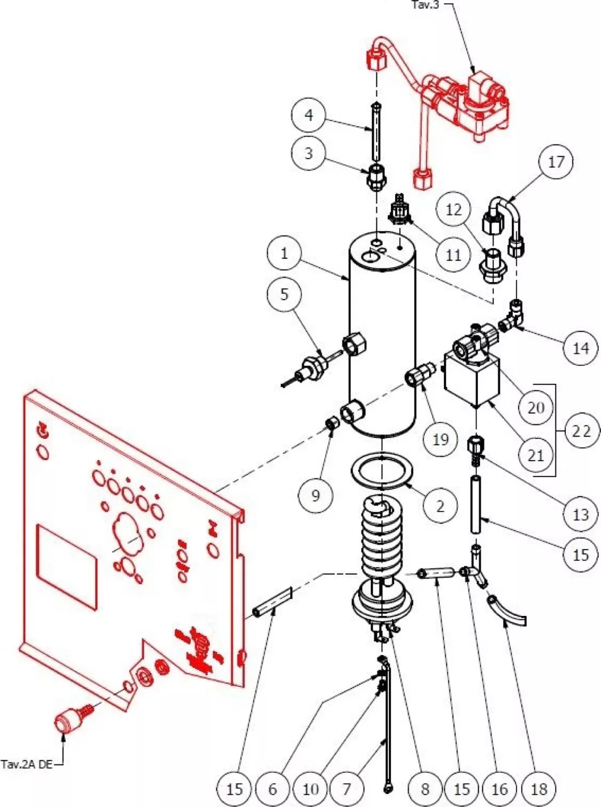 Exploded technical diagram of a mechanical assembly with numbered parts, including a control panel, cylindrical component, pipes, valves, and springs, illustrating the structure and connections of the device. © 2025 1st-line.com