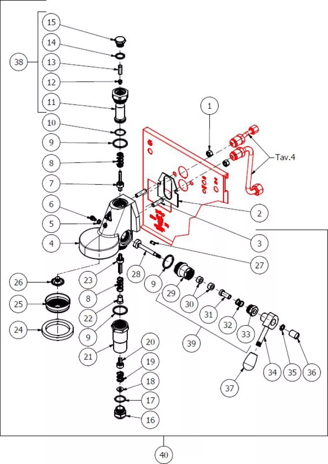 Exploded technical diagram of a mechanical assembly with numbered parts, including screws, washers, valves, a mounting plate, and other components arranged around the central body for identification and assembly reference. © 2025 1st-line.com