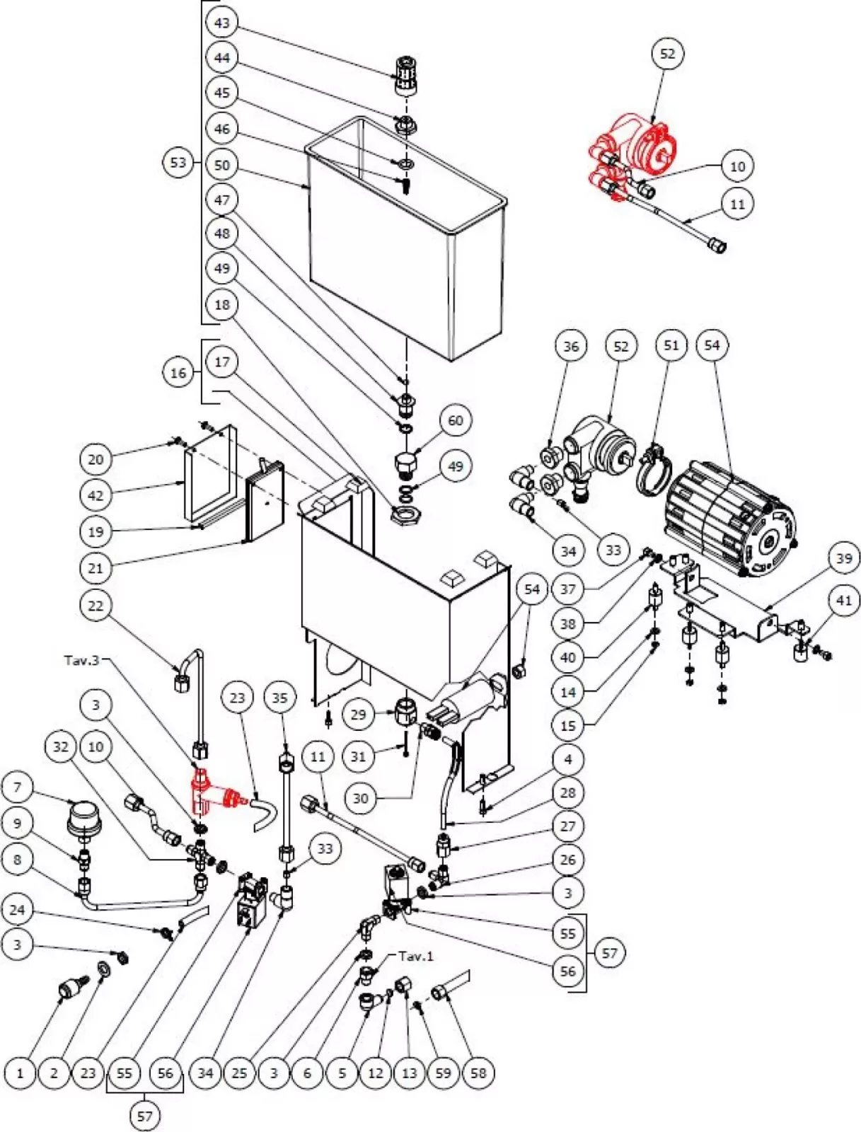 Exploded technical diagram of a mechanical device, showing numbered parts including a motor, tank, pipes, valves, and various connectors, with component lines and labels for assembly reference. © 2025 1st-line.com