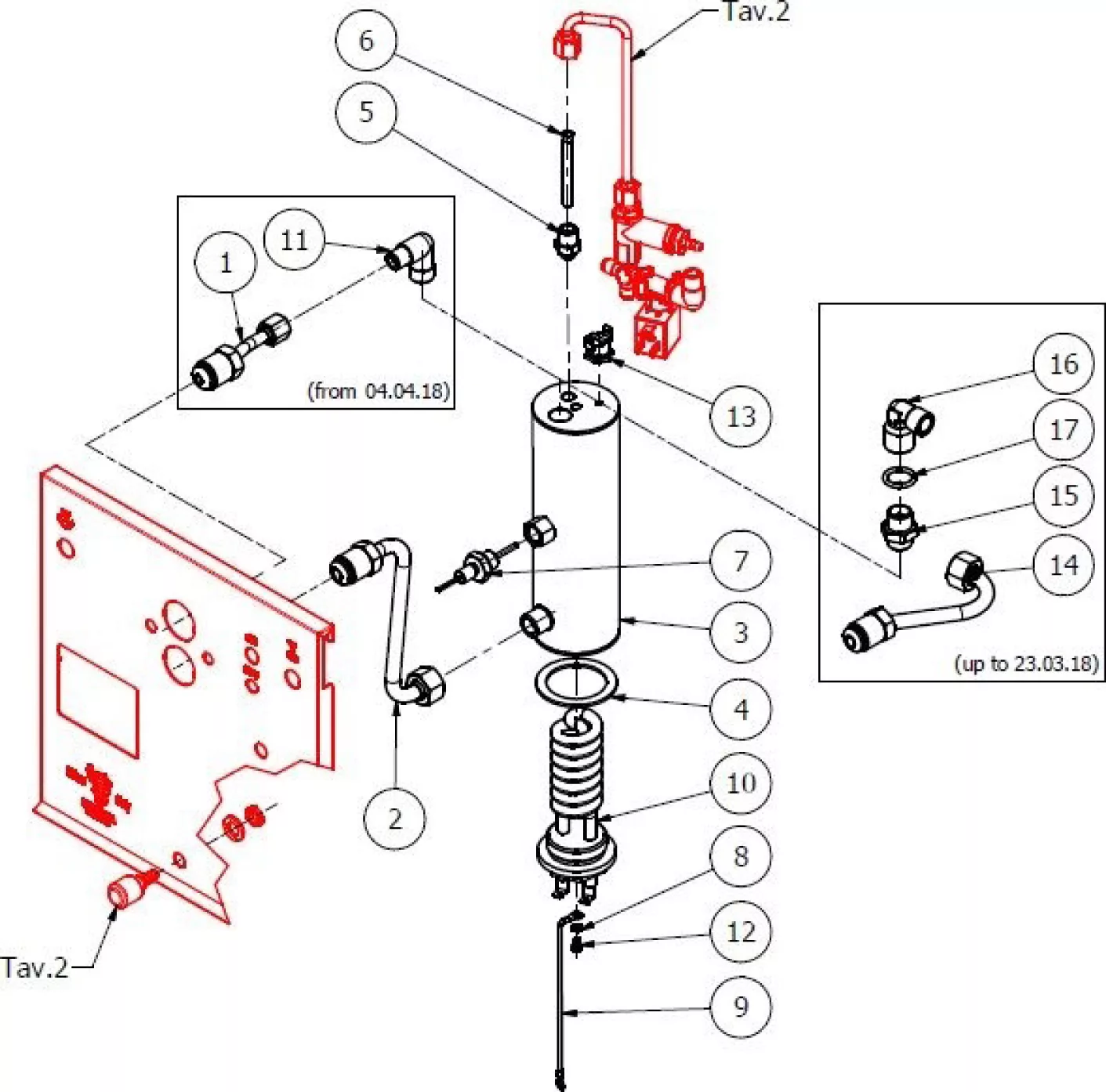 Exploded technical diagram of a mechanical device with numbered parts, connectors, panels, and tubing. Some components and assemblies are highlighted in red, and two inset boxes show detailed views of specific connections. © 2025 1st-line.com