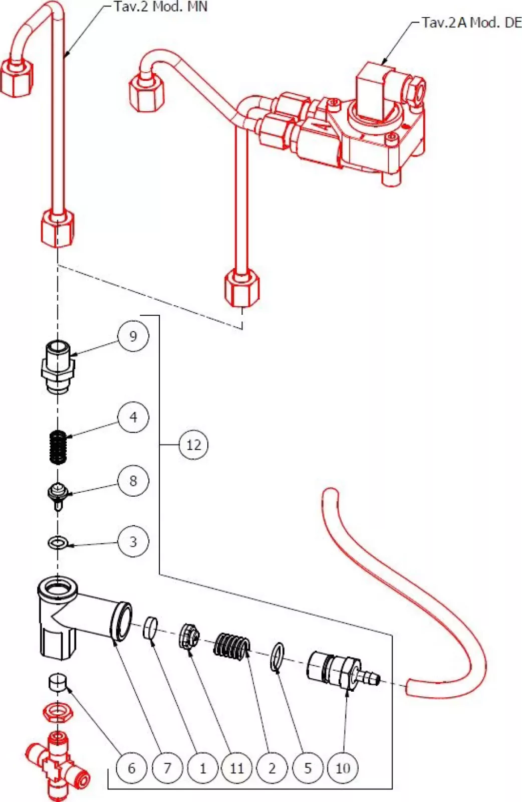 Exploded technical diagram of a plumbing or valve assembly, showing numbered parts including pipes, joints, springs, seals, and fittings, with components separated and labeled for identification. © 2025 1st-line.com