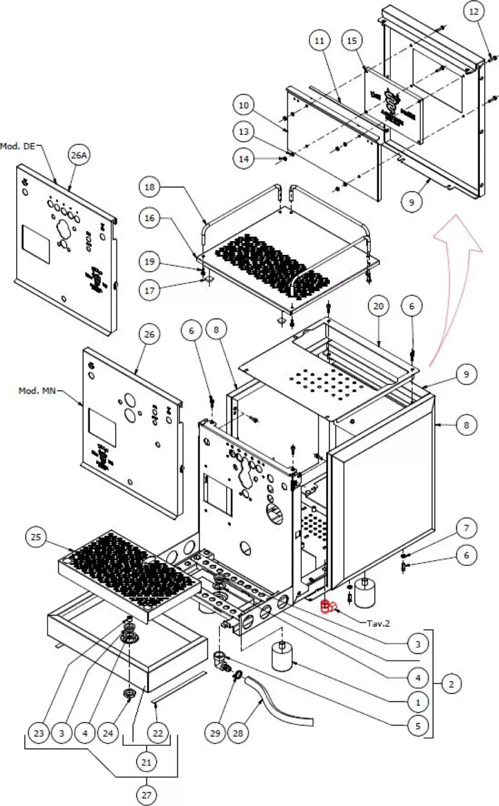 Exploded technical diagram of an electronic device showing various labeled parts, panels, wires, buttons, and connectors arranged for assembly, with arrows indicating how components fit together. © 2025 1st-line.com