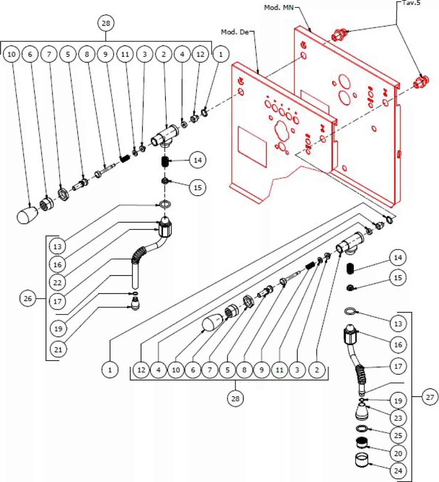 Exploded view diagram of a mechanical assembly, showing multiple numbered parts, connecting components, and a large central panel with holes, with some parts highlighted in red. Lines indicate how components fit together. © 2025 1st-line.com