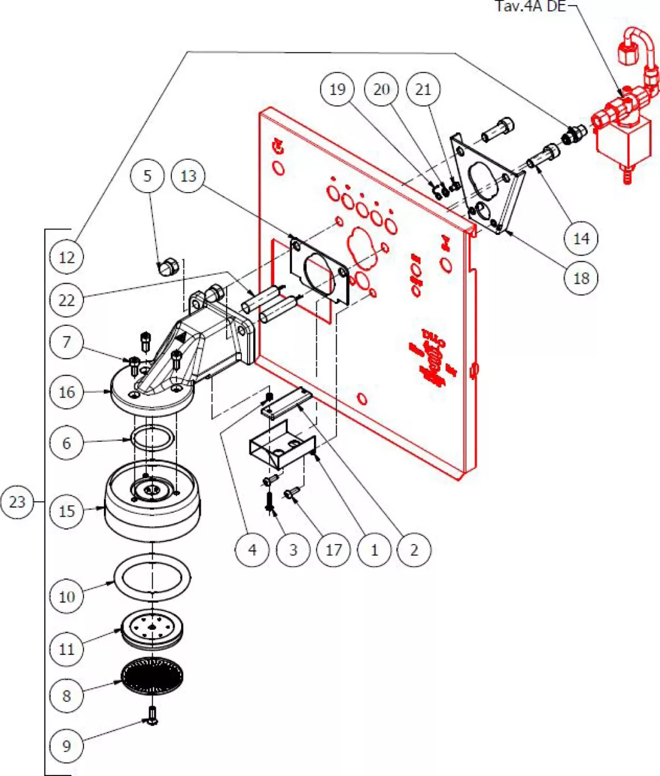 Exploded view technical diagram of a mechanical assembly with numbered parts, including gears, screws, a mounting plate, and a valve assembly, displaying how the components fit together. © 2025 1st-line.com
