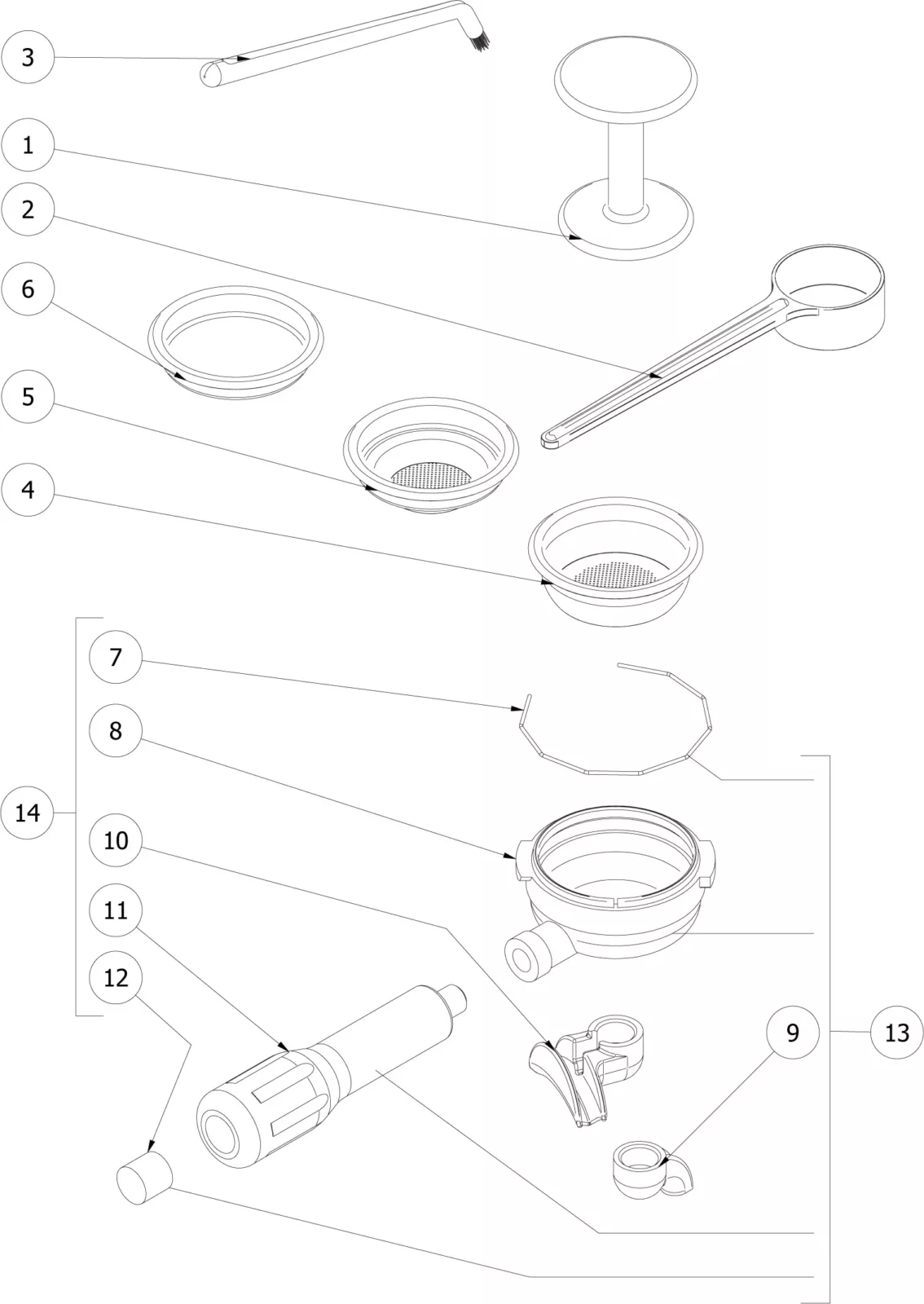 A labeled exploded diagram of a portafilter assembly for an espresso machine, showing individual parts including handles, baskets, rings, springs, spouts, and other components, each marked with a numbered label. © 2025 1st-line.com