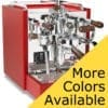 A shiny, red Torre Peppina EVO Premium V1 Dual Boiler Espresso Machine w/ FC featuring chrome and wooden accents is displayed on a white background. A yellow triangle in the foreground reads “More Colors Available” in black letters.