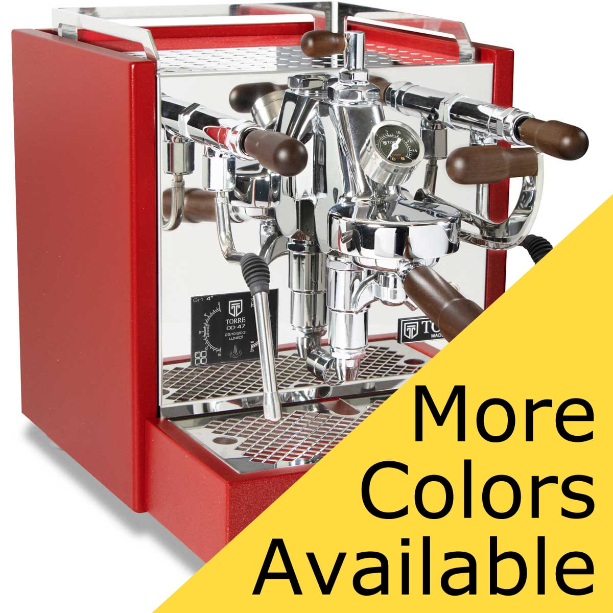 A shiny, red Torre Peppina EVO Premium V1 Dual Boiler Espresso Machine w/ FC featuring chrome and wooden accents is displayed on a white background. A yellow triangle in the foreground reads “More Colors Available” in black letters.
