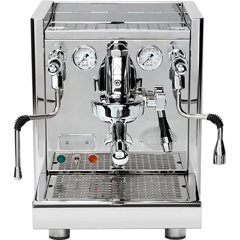 A shiny stainless steel espresso machine with flow control, two gauges, two steam wands, multiple knobs, and indicator lights, viewed from the front. © 2025 1st-line.com
