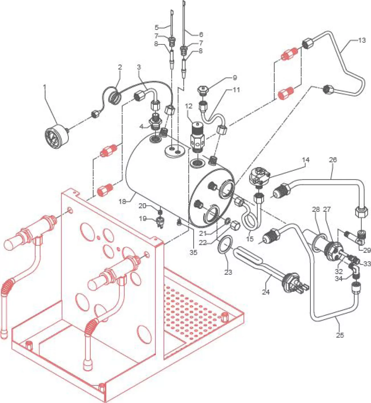 Exploded diagram of a mechanical assembly showing a cylindrical tank, pipes, valves, fittings, and a metal mounting plate, with numbered parts and connectors labeled for reference. © 2025 1st-line.com
