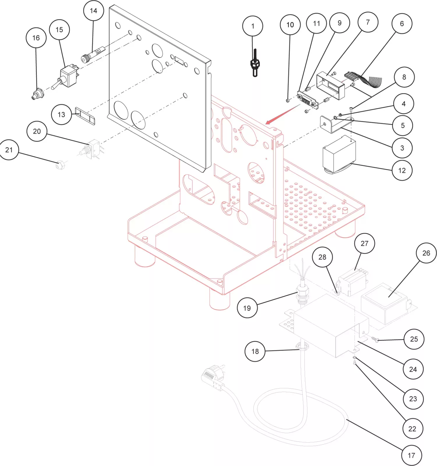 Exploded diagram of a mechanical assembly showing numbered components and their arrangement, including a base, panel, screws, electronic parts, cable, connectors, and various hardware elements. Components are labeled for identification. © 2025 1st-line.com