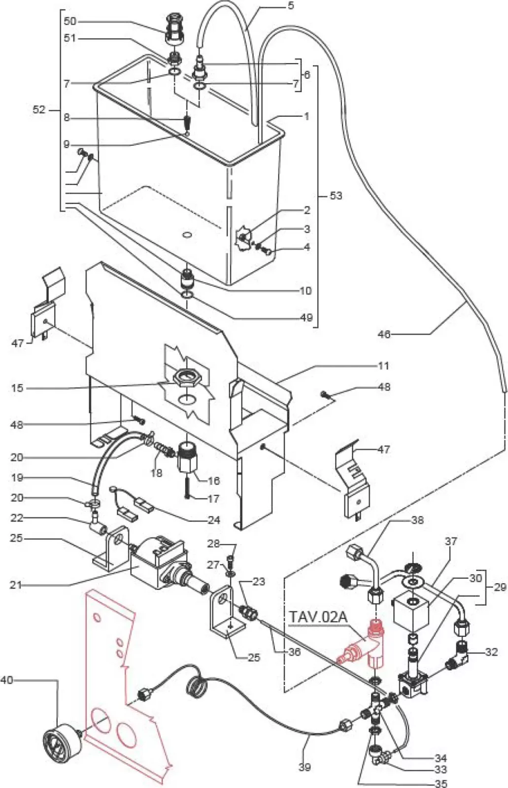 Exploded diagram of a mechanical device showing a tank, tubing, connectors, brackets, and various numbered parts arranged in a detailed assembly layout, with some components highlighted for emphasis. © 2025 1st-line.com