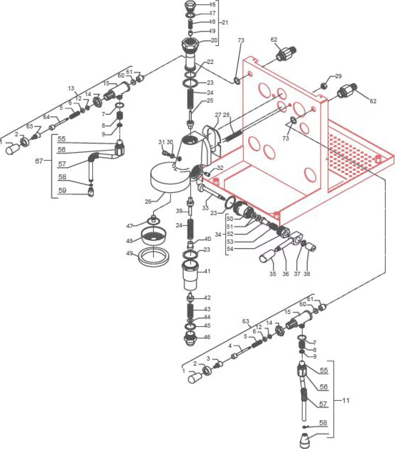Exploded diagram of a mechanical device showing numbered parts and components, including pipes, joints, washers, and a rectangular housing outlined in red on the right side. Parts are labeled with numbers for identification. © 2025 1st-line.com