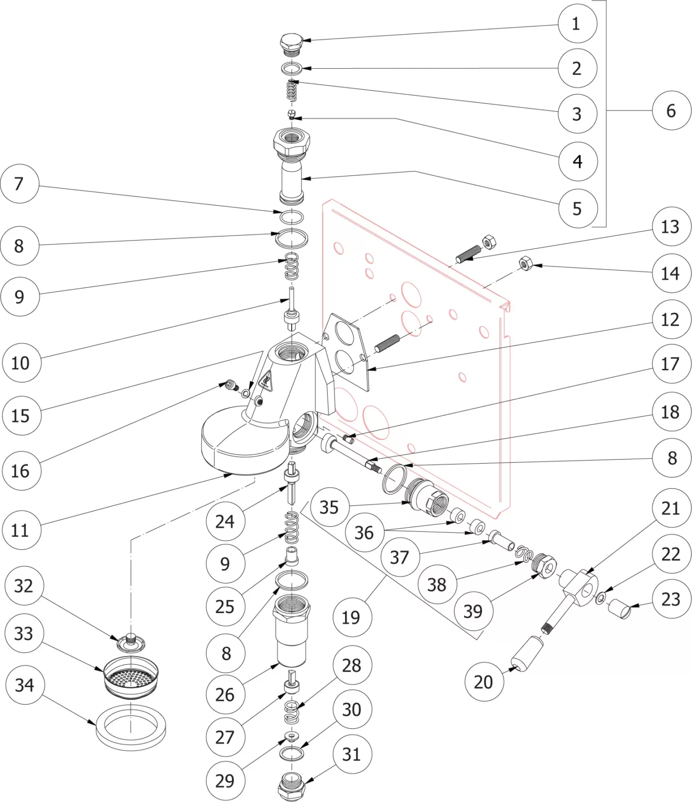 Exploded diagram of a mechanical faucet assembly showing numbered parts and components, including screws, washers, valves, seals, and a backing plate, all labeled for reference in the assembly process. © 2025 1st-line.com