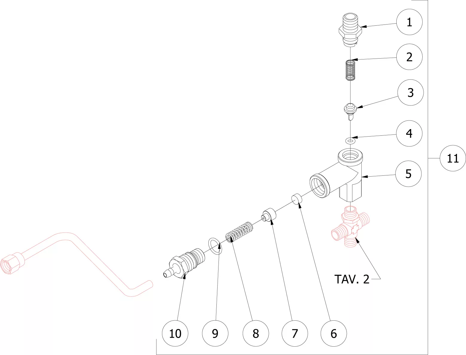 Exploded diagram of a mechanical valve assembly, showing numbered components including springs, screws, and connectors, arranged in order for assembly, with parts labeled 1 to 11 and an L-shaped tool on the left. © 2025 1st-line.com