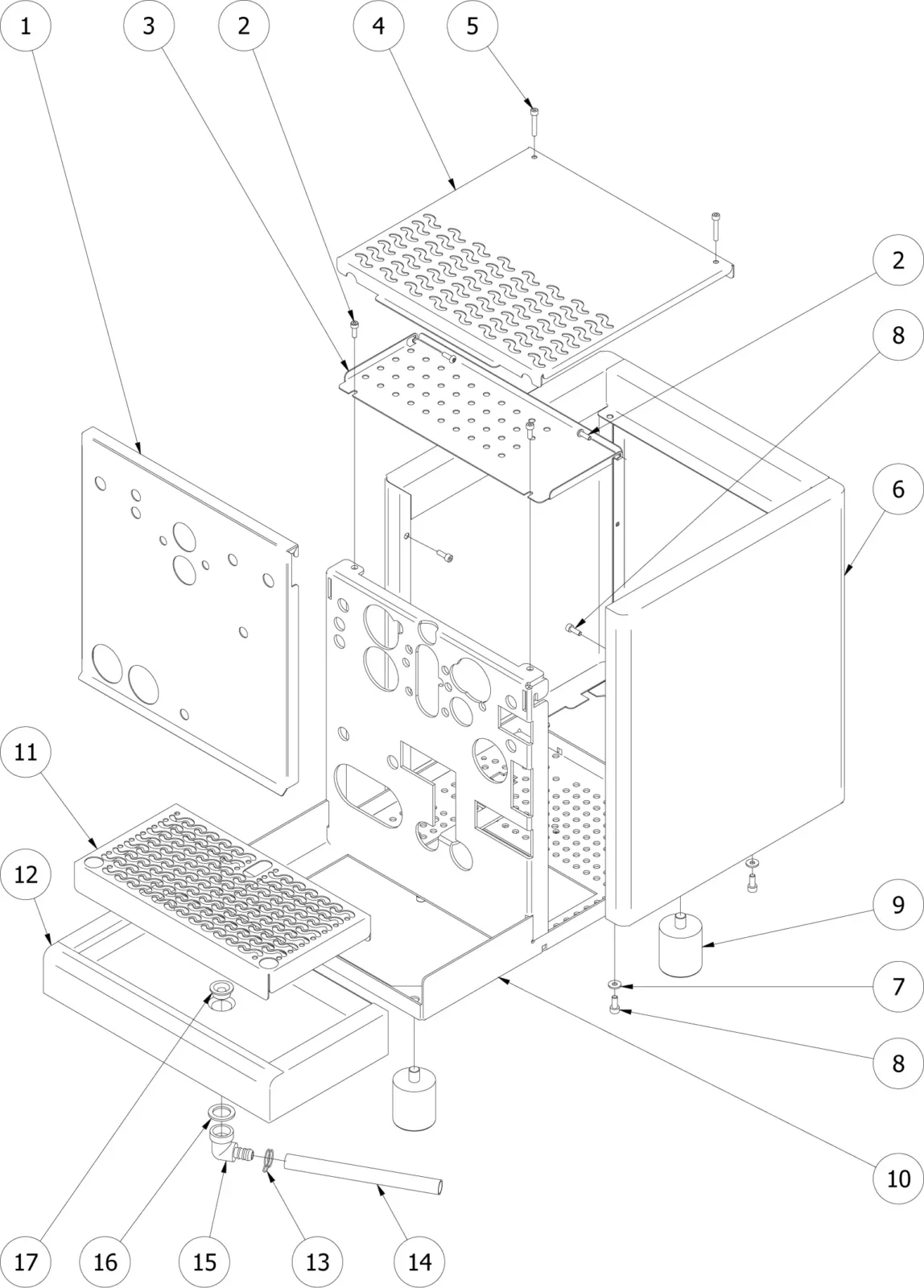 Exploded diagram of a metal enclosure with numbered parts, including panels, screws, feet, trays, and a vented top cover; lines connect numbers to each component for identification. © 2025 1st-line.com