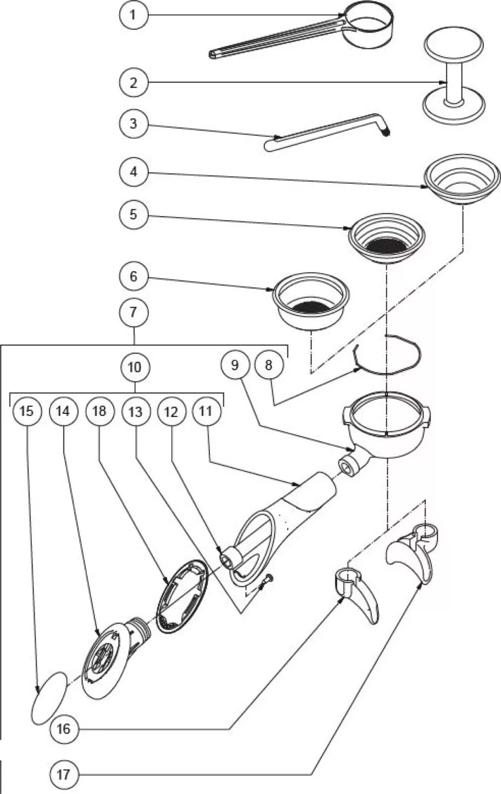 Exploded diagram of a portafilter assembly showing 17 labeled parts, including handles, baskets, springs, spouts, screws, and other espresso machine components arranged in order of assembly. © 2025 1st-line.com