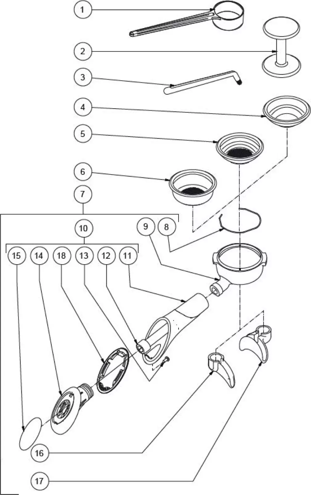 Exploded diagram of a portafilter assembly showing 17 numbered components, including a handle, basket, spring, spout, screw, rim, and other internal parts, each separated and labeled for clarity. © 2025 1st-line.com