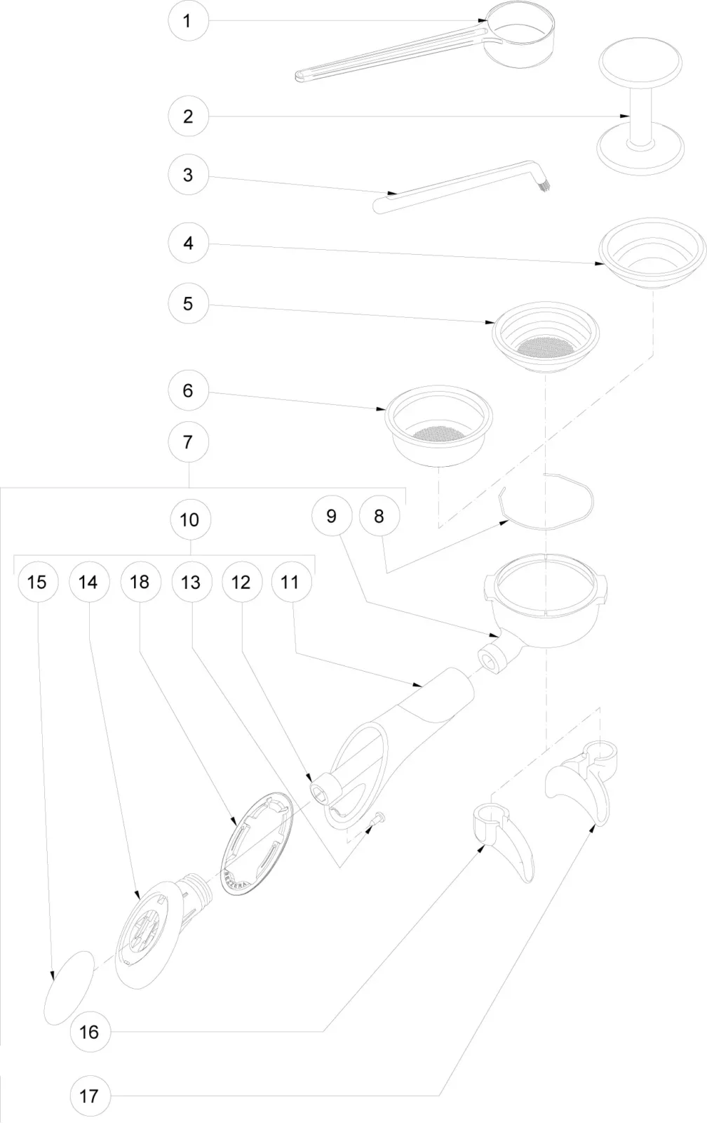 Exploded diagram of a portafilter, showing its 17 labeled components, including the handle, filter basket, spouts, and various internal parts, all separated and arranged in assembly order. © 2025 1st-line.com